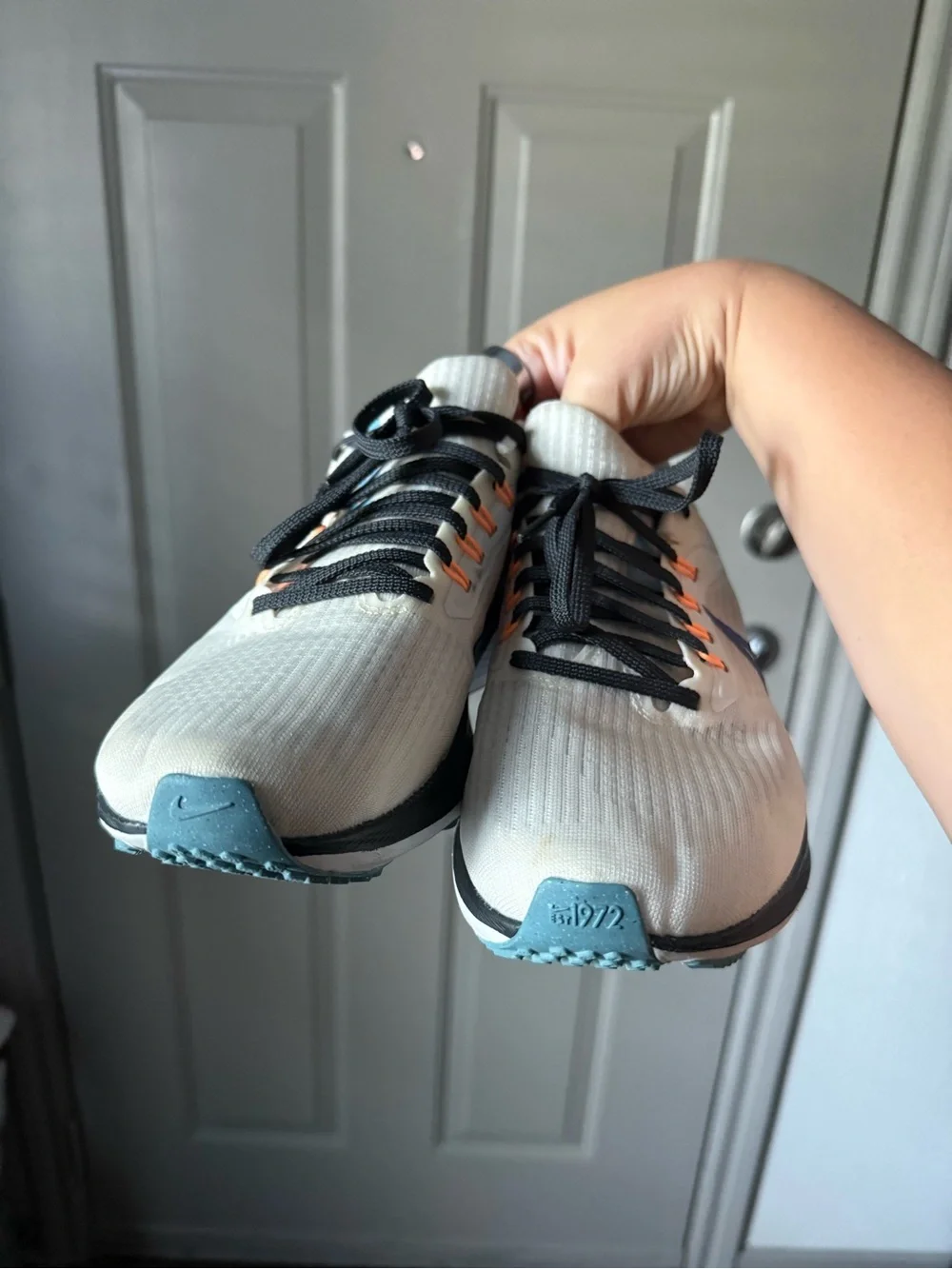 Nike Cream and Purple Swoosh Athletic Sneakers